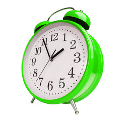 Green alarm clock on white background