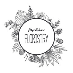 Hand drawn botany frame with hand drawn elements. Design for logo, prints and invitations