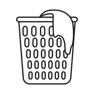 The dirty laundry basket icon. The outline of a basket with laundry hanging from it. Vector illustration isolated on a white background for design and web.