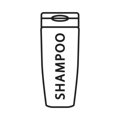 The shampoo icon. The outline of a bottle with a cosmetic product for washing the head and an inscription. Vector illustration isolated on a white background for design and web.
