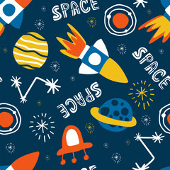 Childish seamless pattern with hand drawn space elements space, rocket, star, planet, space probe. Trendy kids vector background.