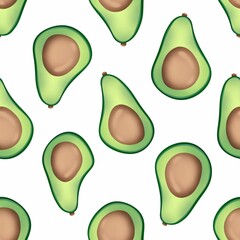 Avocado seamless pattern. Green avocados on a white background. Sliced avocado.