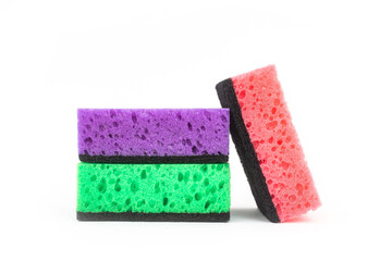 Cleaning product, colorful kitchen sponges isolated on a white background