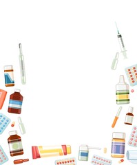 Medicines frame. Illustration with pills, capsules, thermometer, syringe, bandage, ointment. Medicinal drugs. Isolated on background. Flat design. Vector