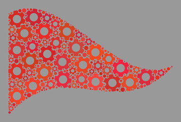 Mosaic waving red triangle flag designed with industry items. Vector cog wheel collage waving red triangle flag organized for control propaganda.