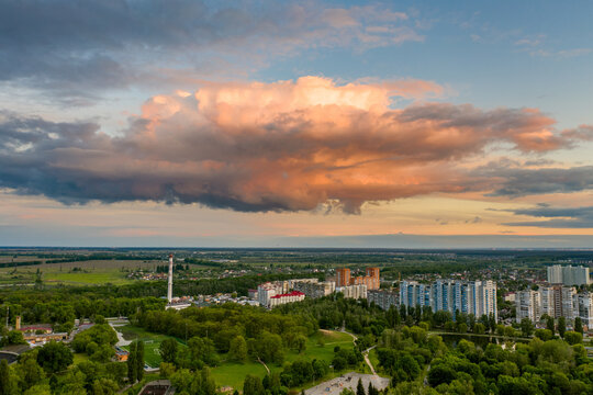 Cityscape of Brovary under the sunset sky in Ukraine