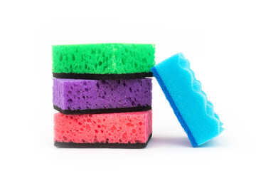 Multicolored kitchen sponges for cleaning isolated on a white background, set of wash tools