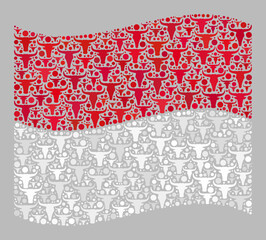 Mosaic cattle waving Monaco flag created with calf items. Vector mosaic windy Monaco flag created for agriculture projects. Monaco flag collage is created with random ox heads.