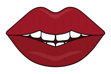Smile on the lips. Seductive mouth. Colored vector illustration. Cartoon style. An even row of white teeth. Luscious lipstick shade. Isolated white background. Valentines Day. Idea for web design.