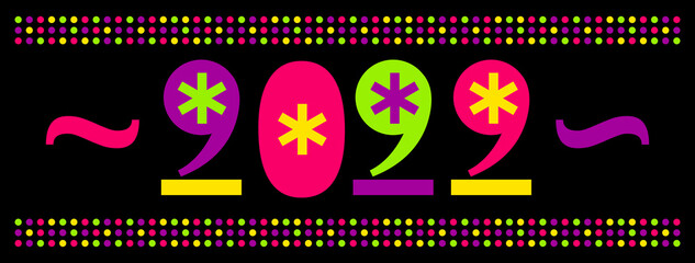 Panoramic banner Happy New Year 2022 on black background. Numbers from different text signs. Vector, illustration