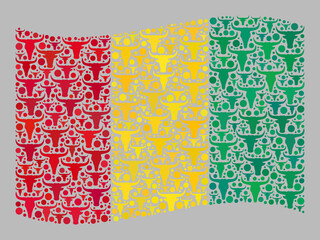 Mosaic cattle waving Guinea flag designed with livestock icons. Vector mosaic waving Guinea flag organized for agriculture projects. Guinea flag collage is constructed from randomized bull heads.
