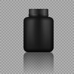 Whey protein in black plastic jar, bottle. 
