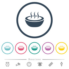 Steaming bowl flat color icons in round outlines