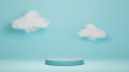 3D rendering of Blue podium for displaying products and reflecting clouds background. Mockup for show product.