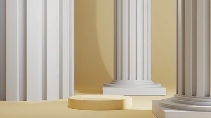 3D rendering of Light brown podium for displaying products in a room decorated with Greek columns background. Mockup for show product.