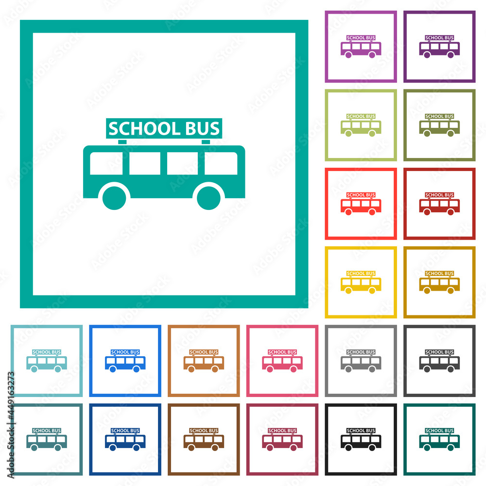 Poster school bus side view flat color icons with quadrant frames