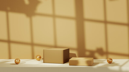 3D rendering of Two square podiums in a brown room. shadow from window background. Mockup for show product.