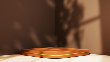 3D rendering of Wooden podium for displaying products in the corner of the brown room. and a shadow from the window background. Mockup for show product.