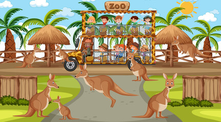 Safari at day time scene with many kids watching kangaroo group