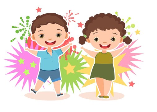 Child with salute. Little boy and girl. Fireworks at birthday party. Kid is jumping for joy at party. Charming active cute character kid. Birthday. Cartoon style. Isolated. Vector