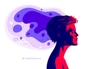 Woman profile with abstract fluid shapes in motion from his head vector illustration, mindfulness philosophical and psychological theme, meditation and awareness.