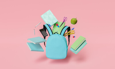 school supplies floating with blue backpack and red pastel background - obrazy, fototapety, plakaty