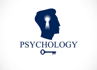 Psychology and mental health concept, created with man head profile and keyhole, psychoanalysis as a key to human nature, individuality and psychic problems. Vector logo or icon design.