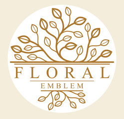 Obraz premium Round shape vector floral emblem isolated on white background, leaves and branches linear logo in circle, luxury classic style elegant badge, boutique or hotel logotype.