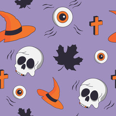 Vector Halloween seamless pattern. Purple background with skull, cross, maple leaf and witch hat for textile, fabric, print design.