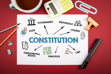Constitution. Tea cup and office supplies on red table - obrazy, fototapety, plakaty