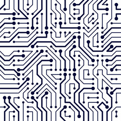 Microchip board seamless pattern, vector background. Circuit board technology electronics wallpaper repeat design.