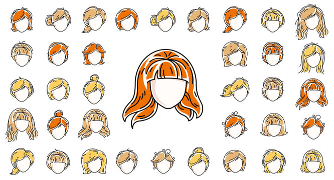 Woman hairstyles heads vector illustrations set isolated on white background, girl attractive beautiful haircuts collection, different hair color.
