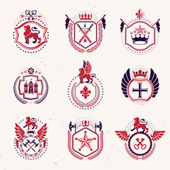 Fototapeta premium Set of vector retro vintage insignias created with design elements like medieval castles, armory, wild animals, imperial crowns. Collection of coat of arms.