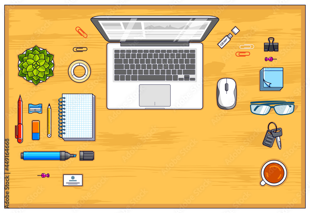 Poster wooden work desk workspace top view with laptop computer and a lot of different stationery objects o