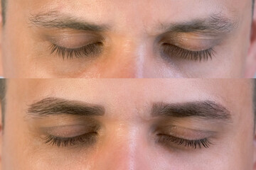 Closeup of man's lashes befor and after lash laminating lifting procedure in beauty salon. Closed...