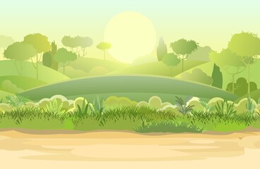 Obraz premium Horizontally Road. Amusing beautiful forest landscape. Cartoon style. The path through the hills with grass. Trail. Cool romantic pretty. Flat design illustration. Vector art
