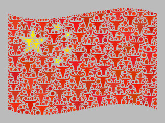 Mosaic cattle waving China flag designed with cow head icons. Vector mosaic waving China flag constructed for agriculture projects. China flag collage is designed with scattered cattle heads.