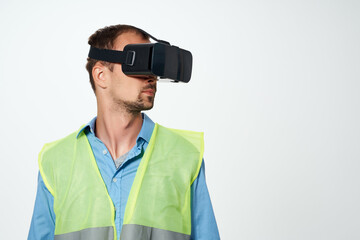 man in working uniform professional engineer drawing virtual reality glasses