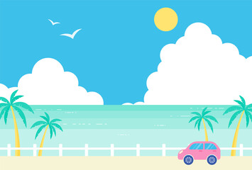 Fototapeta na wymiar vector background with a car driving along the coast in summer for banners, cards, flyers, social media wallpapers, etc.