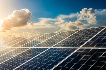 Solar power panels and beautiful natural landscape at sunset in summer in China