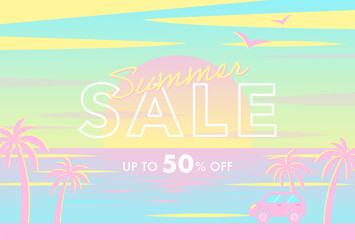 vector background with sunset on the beach with palms and a car for banners, cards, flyers, social media wallpapers, etc.