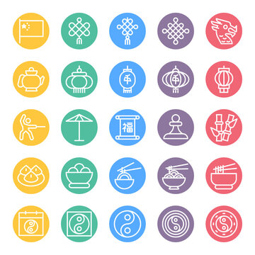 Circle color outline icons for chinese culture.