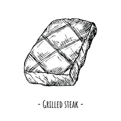 Grilled steak. Vector illustration. Isolated object on white. Hand-drawn style.