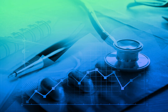Medical examination and healthcare business graph, health information analytics, healthcare marketing strategy