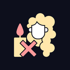 Keep hair away from open flame RGB color manual label icon for dark theme. Isolated vector illustration on night mode background. Simple filled line drawing on black for product use instructions