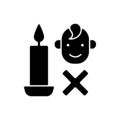 Keep kids away from candles black glyph manual label icon. Supervision under baby. Harmful contaminants. Silhouette symbol on white space. Vector isolated illustration for product use instructions