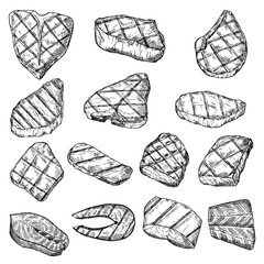 Set of grilled meat steaks, fish steaks and fish fillet. Vector illustration. Isolated objects on white. Hand-drawn style.