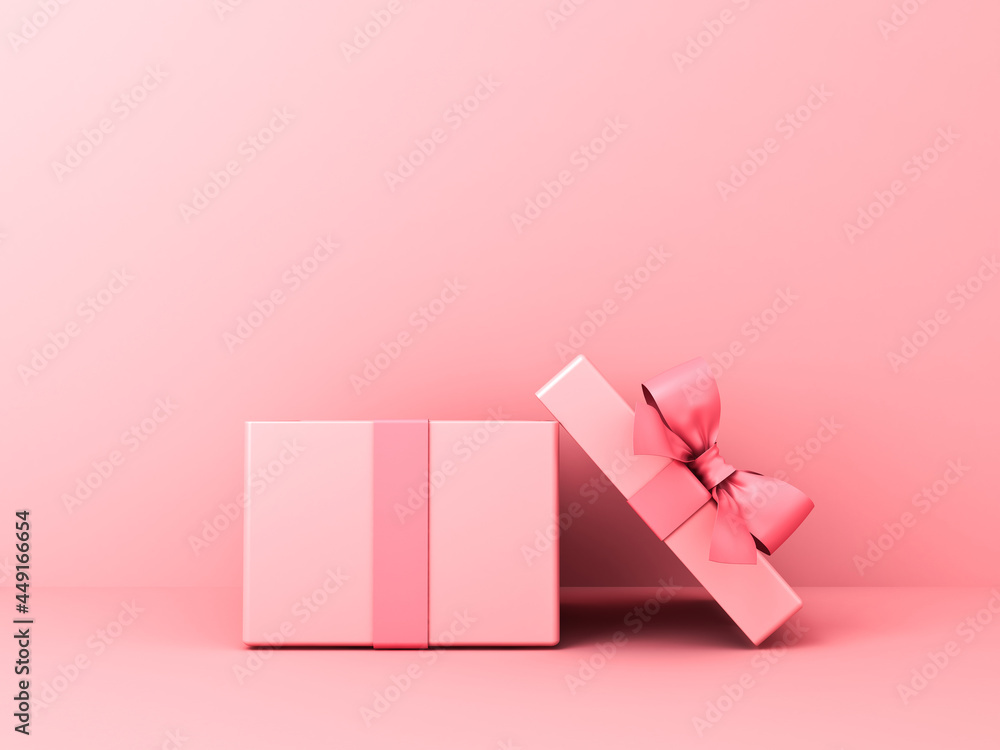 Poster Open gift box or blank pink pastel color present box tied with pink ribbon and bow isolated on pink pastel color background with shadow minimal conceptual 3D rendering