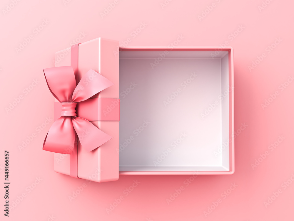 Poster Opened gift box or top view of blank pink pastel color present box tied with pink ribbon and bow isolated on light pink background with shadow minimal conceptual 3D rendering