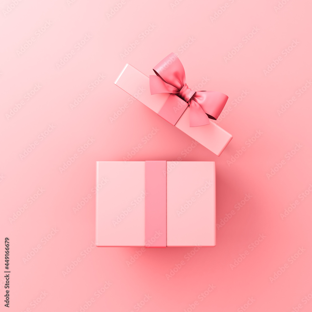 Poster opened gift box or blank pink pastel color present box tied with pink ribbon and bow isolated on pin